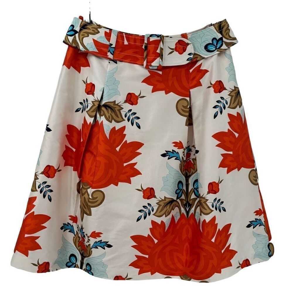 Talbots 100% Silk Floral Retro Skirt‎  Pleated Belted Orange White Size 4